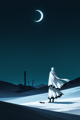 A solitary figure stands in a barren landscape beneath a dark sky lit by a bright crescent moon. The person wears a long white cloak with black tattered edges and faces toward the moon. In the distance, remnants of a ruined structure rise as tall, broken poles scattered across the ground. 