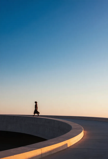A person walking along a curved concrete structure with smooth, clean lines. Warm light from a low sun casts soft tones across the surface, while the sky above transitions from deep blue to a pale gradient near the horizon. 