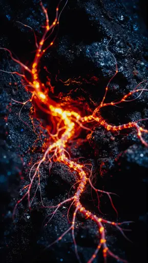 A network of bright orange and red filaments spreads across a dark, rough surface, each branch glowing as though carrying heat or energy. 