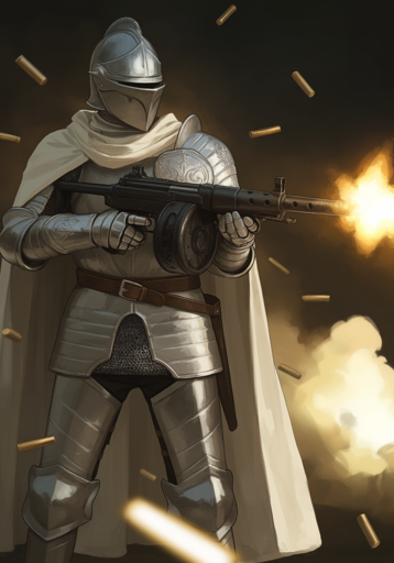A fully armored medieval figure stands in dark, smoky surroundings, wearing a cloak over polished plate armor while firing a modern submachine gun. Bright muzzle flash and flying brass casings illuminate the scene, creating a striking clash between ancient armor and contemporary weaponry.