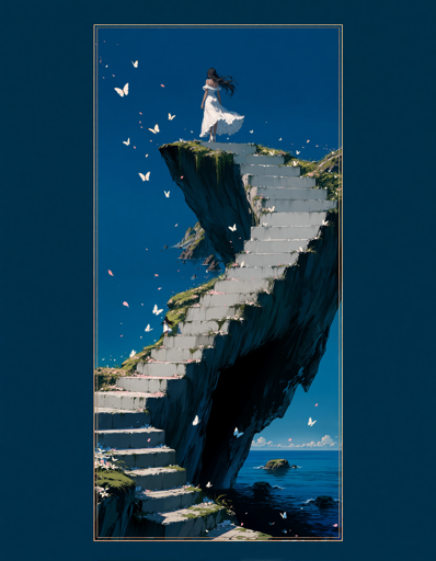 A stone staircase climbs a steep cliff above a calm ocean, its steps aged with moss and small flowers. At the top stands a figure in a flowing white dress facing the deep blue horizon as white butterflies drift around the staircase and the figure.